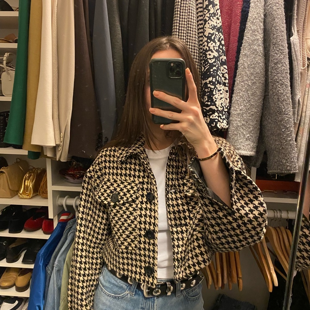 Houndstooth cropped blazer jacket with lapel